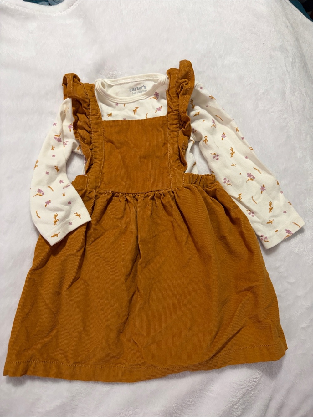 Carter's Rust Orange Corduroy Pinafore dress with Ruffle Straps and on-site.